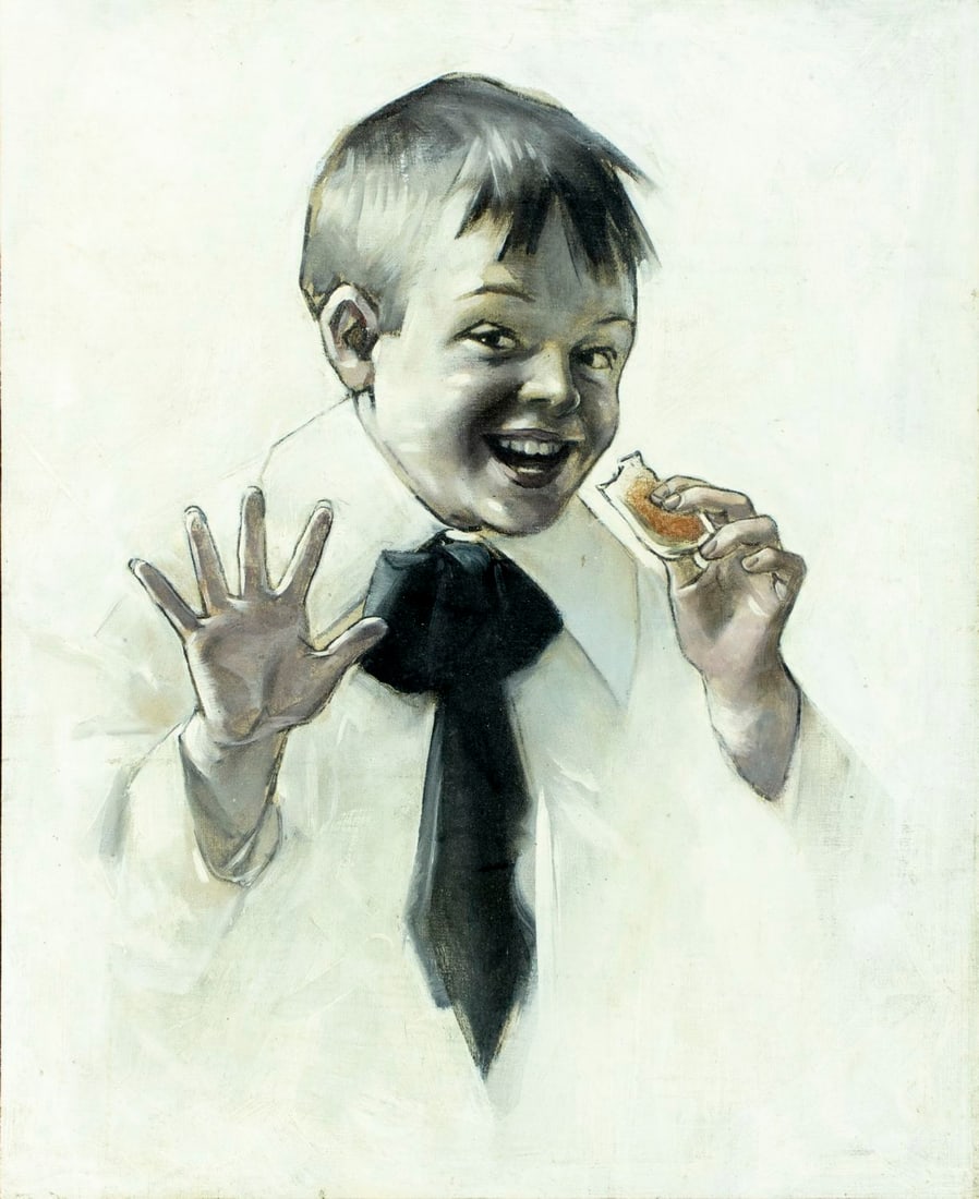 ATTRIB Charles Cushman Parker (MA,NY,1881-1940) oil painting antique: ARTIST: ATTRIBUTED TO Charles Henry Cushman Parker (Massachusetts, New York, 1881 - 1940) TITLE: Illustration - Boy Eating MEDIUM: oil on canvas CONDITION: Relined. Few sc