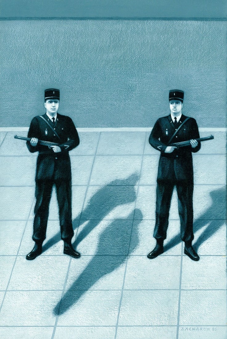Christopher Zacharow (NY,Poland,b 1954) oil painting: ARTIST: Marian Christopher Zacharow (New York, Polish, born 1954) TITLE: Illustration - Day of the Jackal YEAR: 1986 MEDIUM: oil on canvas board CONDITION: