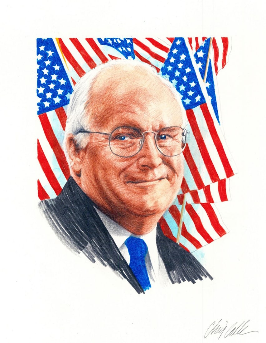 Chris Calle (CT,b 1961) colored pencil painting: ARTIST: Chris Calle (Connecticut, born 1961) TITLE: Portrait of Richard Dick Cheney, 2001 Vice President Elect (titled on verso) YEAR: 2000 MEDIUM: colored pencil on paper.