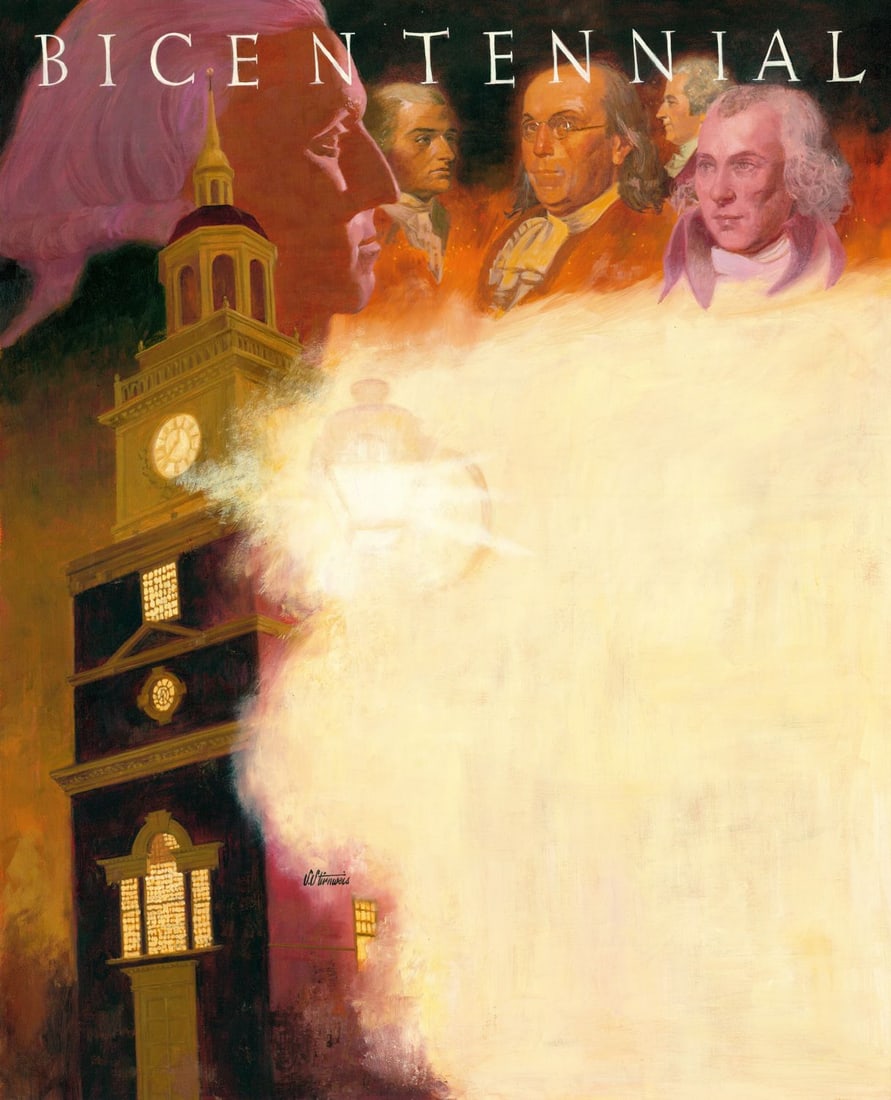 Shannon Stirnweis (AZ,NY,NH,OR,1931-2019) oil painting: ARTIST: Shannon Stirnweis (Arizona, New York, New Hampshire, Oregon, 1931 - 2019) TITLE: Bicentennial of the US Constitution - Panel 1 (titled on verso) YEAR: 1987 MEDIUM: o
