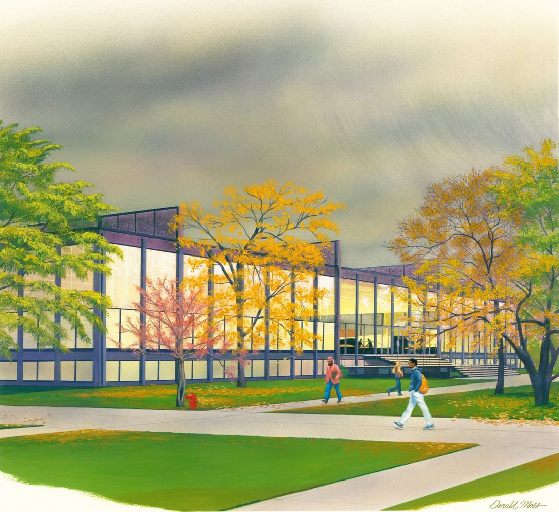 Donald Moss (CT,MA,1920-2010) gouache painting: ARTIST: Donald Moss (Connecticut, Massachusetts, 1920 - 2010) TITLE: Cityscape - Crown Hall, Illinois Institution of Technology (titled on verso) YEAR: 1982 MEDIUM: gouach