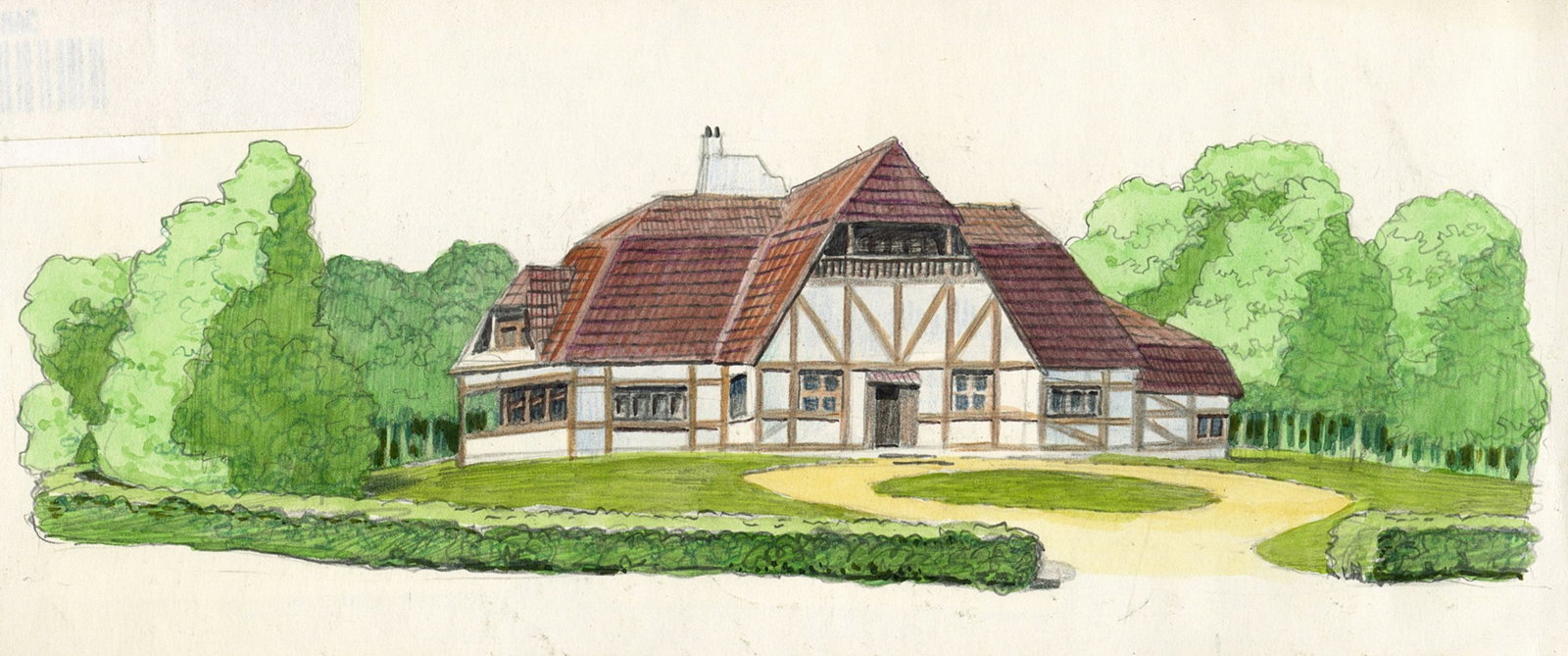 Alex Bloch (US,20C) watercolor painting: ARTIST: Alex Bloch (American, 20 century) TITLE: Landscape with Mansion MEDIUM: watercolor on paper CONDITION: Overall good. ART SIZE: 2 x 7 inches / 5 x