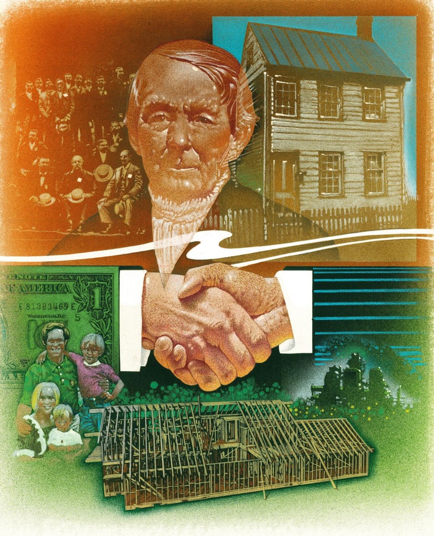 Jim Butcher (MD,b 1944) mixed media painting: ARTIST: Jim Butcher (Maryland, born 1944) TITLE: Savings and Loan Associations of America (titled on verso) YEAR: 1981 MEDIUM: mixed media on board CONDITION: