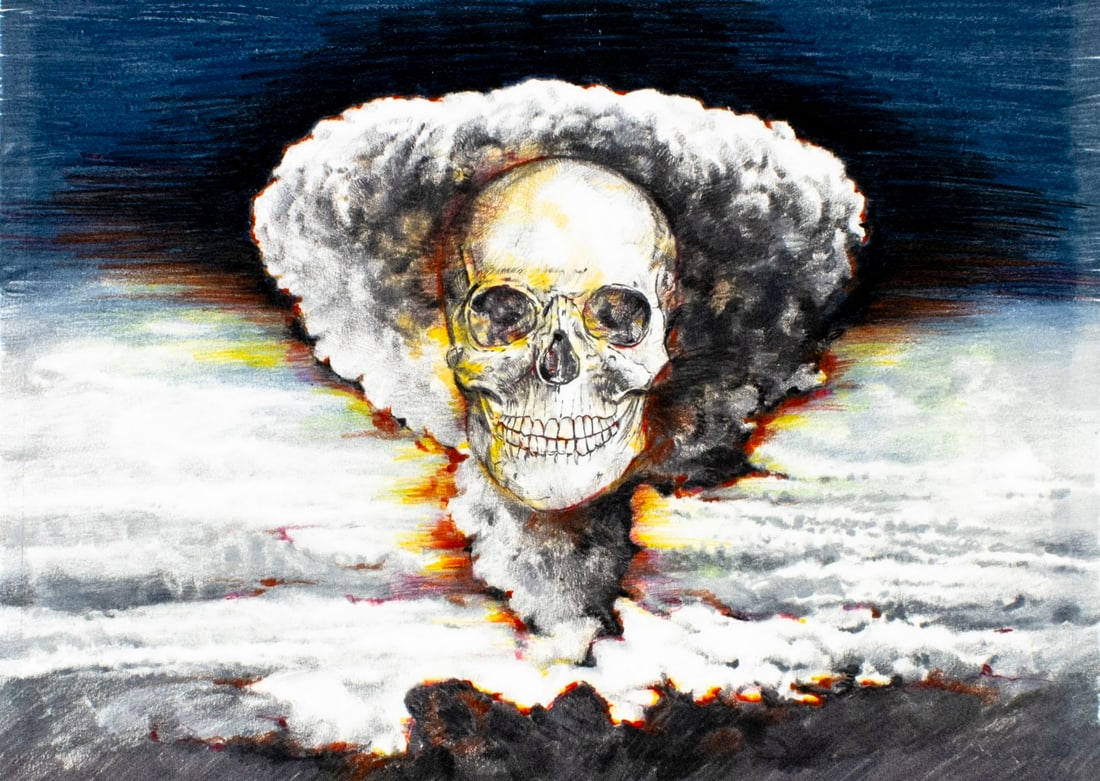 Paul Calle (CT,NY,1928-2010) colored pencil painting: ARTIST: Paul Calle (Connecticut, New York, 1928 - 2010) & Chris Calle (American, born 1961) TITLE: 1940s - Mankind Faces, Atomic Age (titled on verso) YEAR: 1998 MEDIUM: c