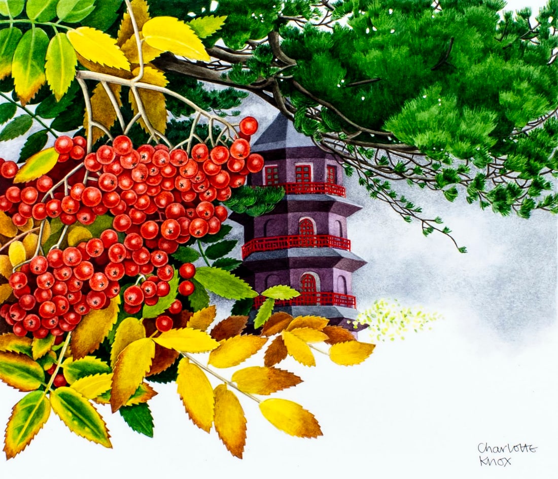 Charlotte Knox (UK,b 1951) watercolor painting: ARTIST: Charlotte Knox (United Kingdom, born 1951) TITLE: Autumn - Rowan (titled on verso) YEAR: 1993 MEDIUM: watercolor on board CONDITION: Minor damage