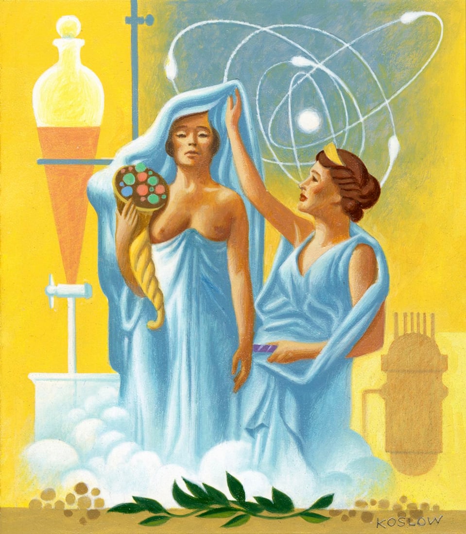 Howard Koslow (NJ,NY,1924-2016) oil painting: ARTIST: Howard Bertram Koslow (New Jersey, New York, 1924 - 2016) TITLE: The Nobel Prize 1 (titled on verso) YEAR: 2001 MEDIUM: oil on board CONDITION: