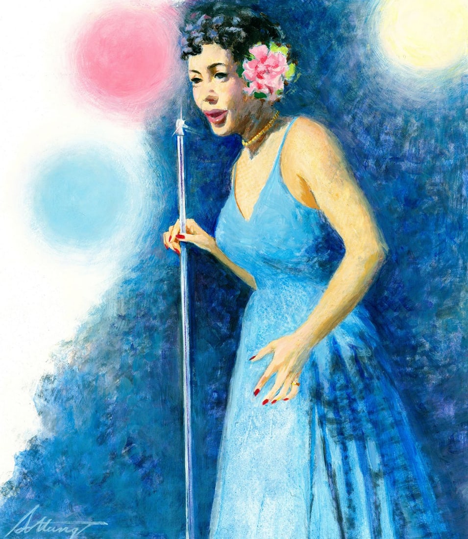 George Sottung (IL,1927-1999) oil painting: ARTIST: George Sottung (Illinois, 1927 - 1999) TITLE: Illustration - Portrait of Billie Holiday (titled on verso) YEAR: 1994 MEDIUM: oil on board CONDITION:
