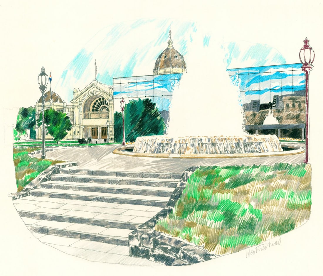 Bruce Weatherhead (Australia,1939-2011) colored pencil painting: ARTIST: Bruce Weatherhead (Australian, 1939 - 2011) TITLE: Illustration - Carlton Gardens (titled on verso) YEAR: 1981 MEDIUM: colored pencil on paper. Paper applied to boar