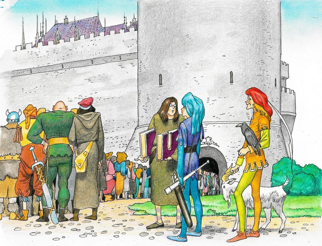 Alex Bloch (US,20C) watercolor painting: ARTIST: Alex Bloch (American, 20 century) TITLE: Illustration - Medieval Scene MEDIUM: watercolor on heavy paper CONDITION: Minor damage to the upper left corner. Some water
