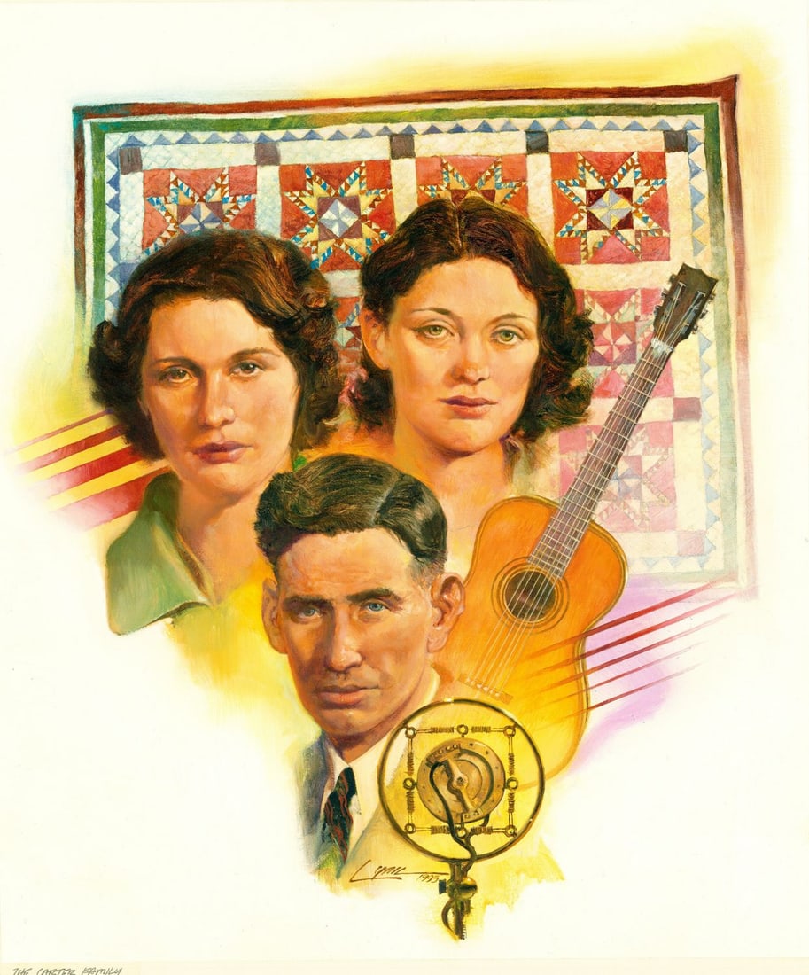 Dennis Lyall (TX,CT,b 1946) oil painting: ARTIST: Dennis Lyall (Texas, Connecticut, born 1946) TITLE: Illustration - The Carter Family (titled on verso) YEAR: 1993 MEDIUM: oil on canvas. Canvas applied to board.