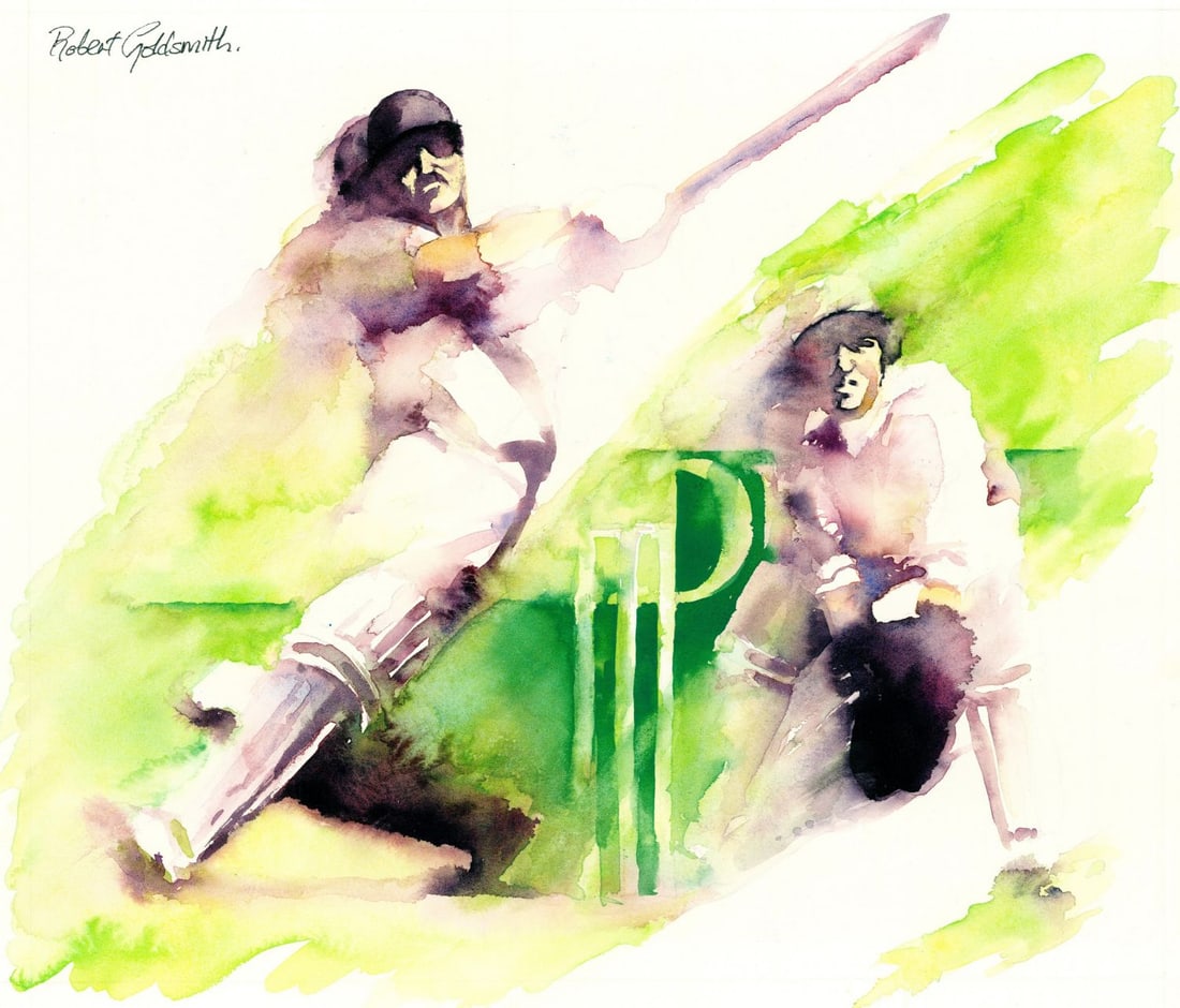 Robert S Goldsmith (UK,20C) watercolor painting: ARTIST: Robert S Goldsmith (United Kingdom, 20 century) TITLE: Cricket (titled on verso) YEAR: 1980 MEDIUM: watercolor on board CONDITION: Minor damages