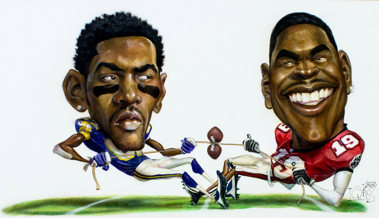 Gary Locke (MO,b 1963) gouache painting: ARTIST: Gary Locke (Missouri, born 1963) TITLE: Randy Moss MEDIUM: gouache and watercolor on board CONDITION: One faint scratch. Some small damages to corners and edges of m