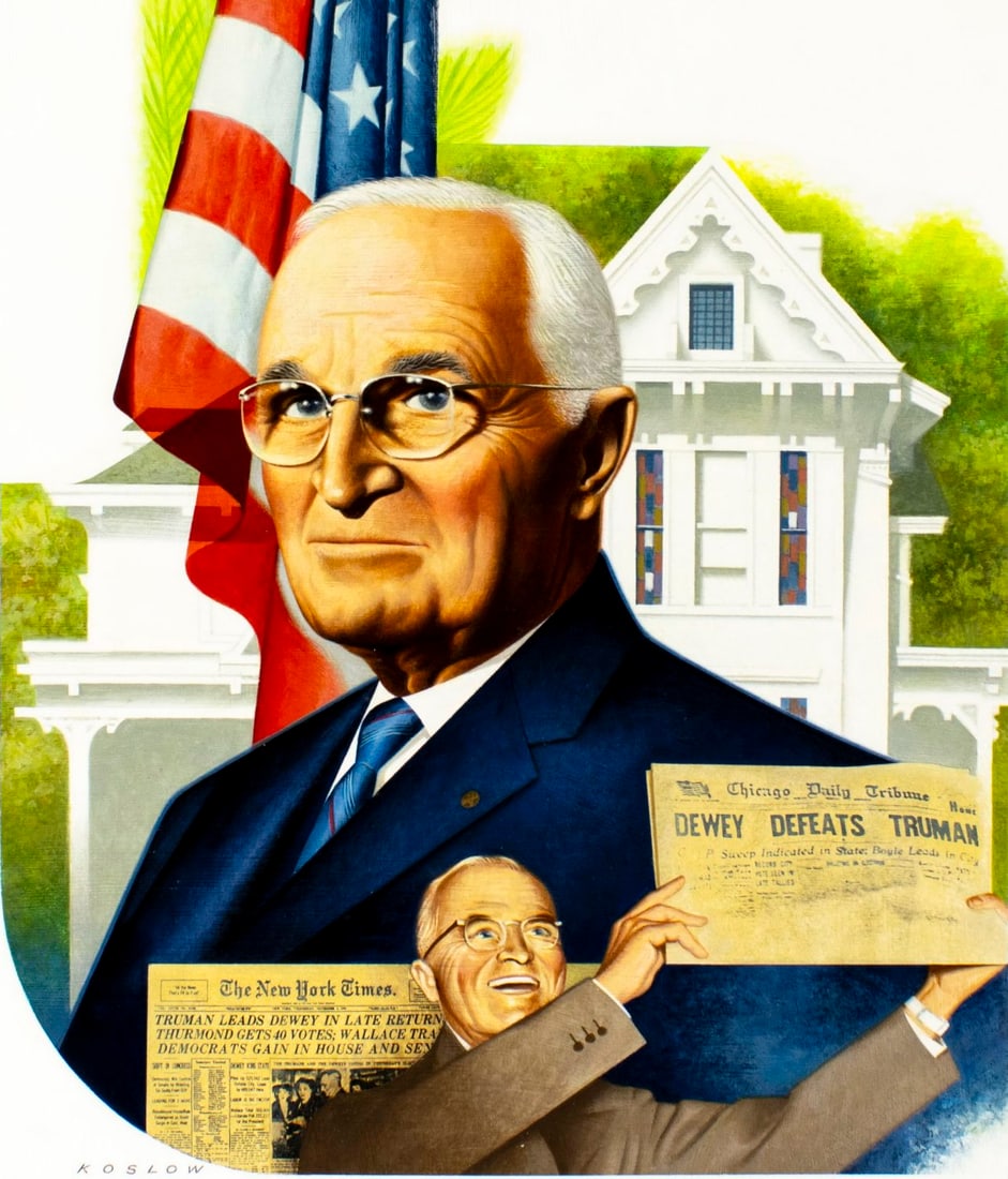 Howard Koslow (NJ,NY,1924-2016) oil painting: ARTIST: Howard Bertram Koslow (New Jersey, New York, 1924 - 2016) TITLE: Portrait of Harry Truman (titled on verso) YEAR: 1983 MEDIUM: oil on board CONDITION: