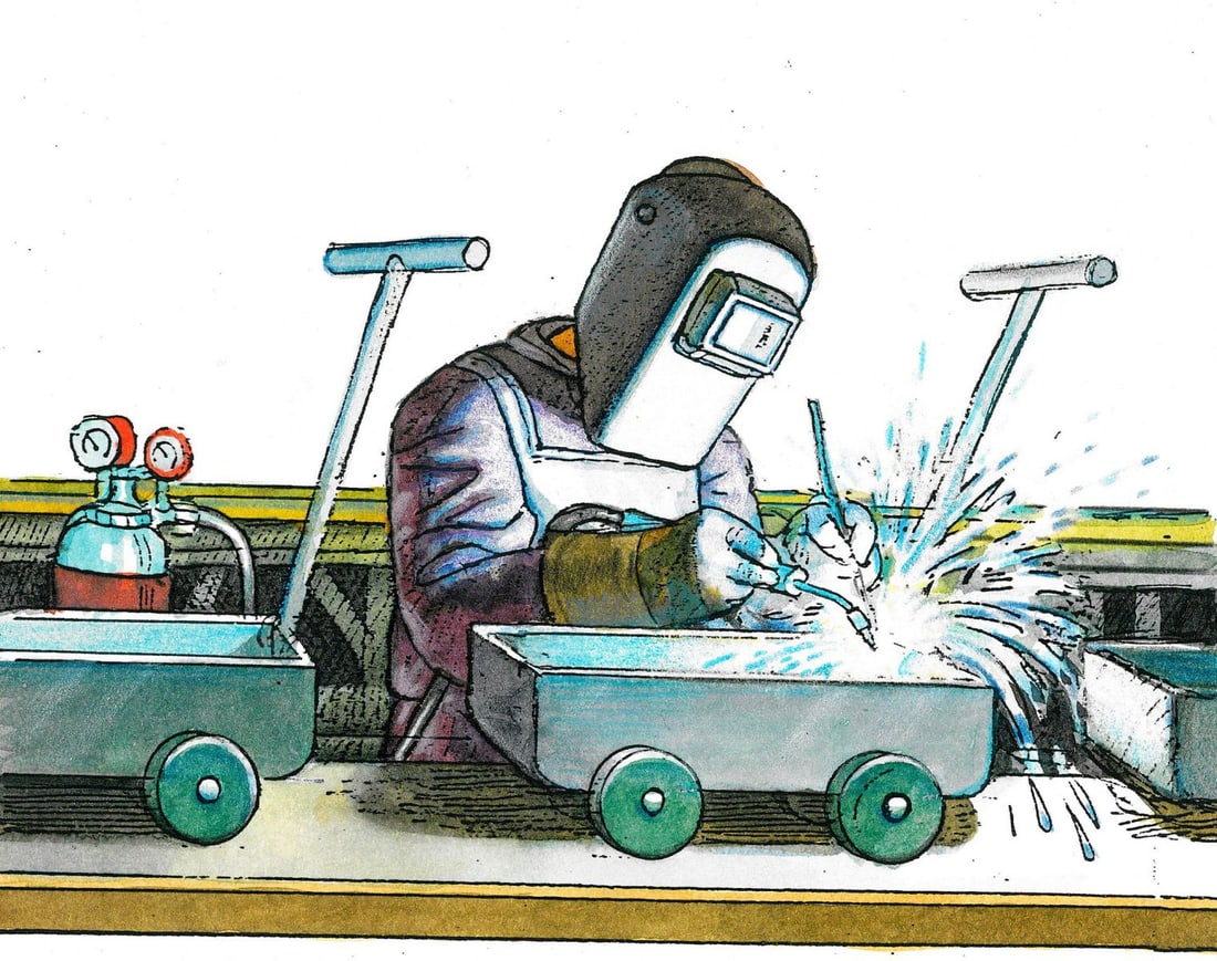 Alex Bloch (US,20C) watercolor painting: ARTIST: Alex Bloch (American, 20 century) TITLE: Welder at Work MEDIUM: watercolor on heavy paper CONDITION: Overall good. ART SIZE: 4 x 6 inches / 10 x