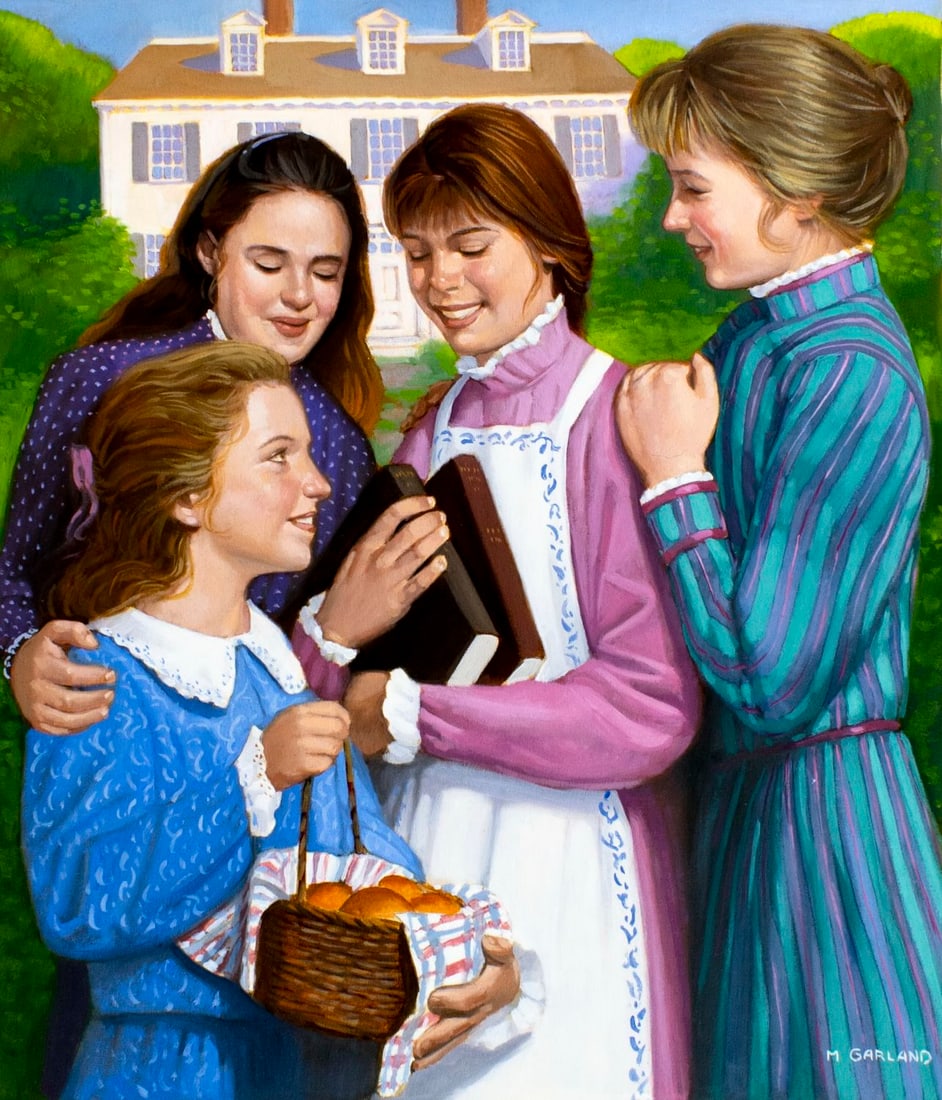 Michael Garland (NY,b 1952) oil painting: ARTIST: Michael Garland (New York, born 1952) TITLE: Little Women (titled on verso) YEAR: 1993 MEDIUM: oil on board CONDITION: Very good. No visible inpa