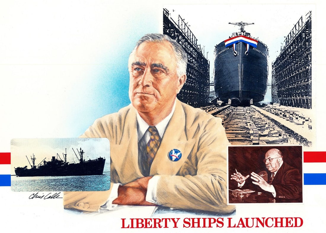 Chris Calle (CT,b 1961) colored pencil painting: ARTIST: Chris Calle (Connecticut, born 1961) TITLE: WWII - First Liberty Ship Completed (titled on verso) YEAR: 1991 MEDIUM: colored pencil on board CONDITION: