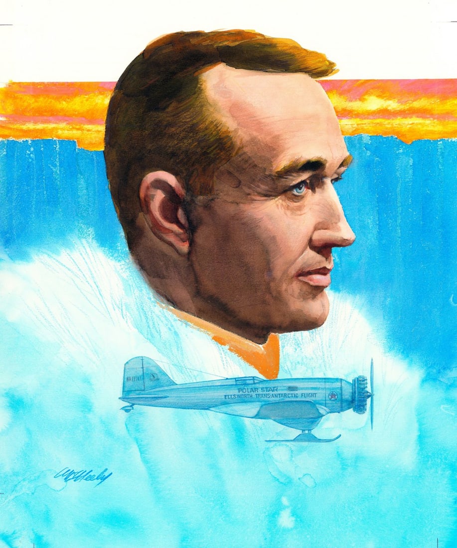 Tom McNeely (Canada,1935-?) watercolor painting: ARTIST: Tom McNeely (Canadian, 1935 - ???) TITLE: Portrait of Lincoln Ellsworth (titled on verso) YEAR: 1988 MEDIUM: watercolor on paper. Paper applied to board.