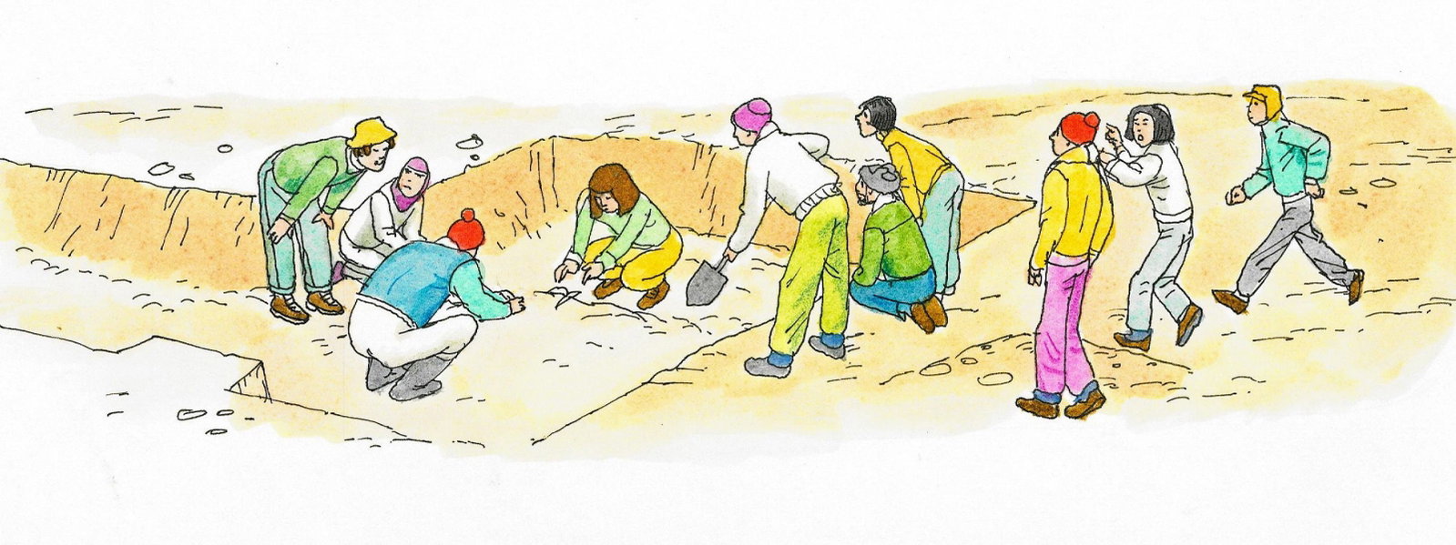 Alex Bloch (US,20C) watercolor painting: ARTIST: Alex Bloch (American, 20 century) TITLE: Illustration - Archeology Scene MEDIUM: watercolor on heavy paper CONDITION: Some small damages to the right corners. Some u
