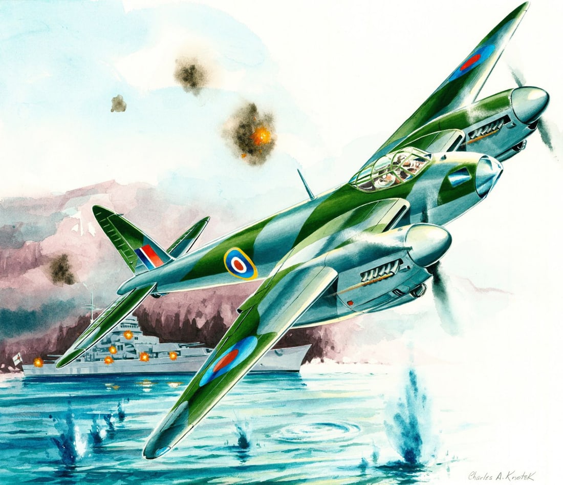 Charles Knotek (US,1933-2008) watercolor painting: ARTIST: Charles Knotek (American, 1933 - 2008) TITLE: Plane - Wings of Man II, Military Aircraft U7, Dehavilland Mosquito (titled on verso) YEAR: 1980 MEDIUM: watercolor o
