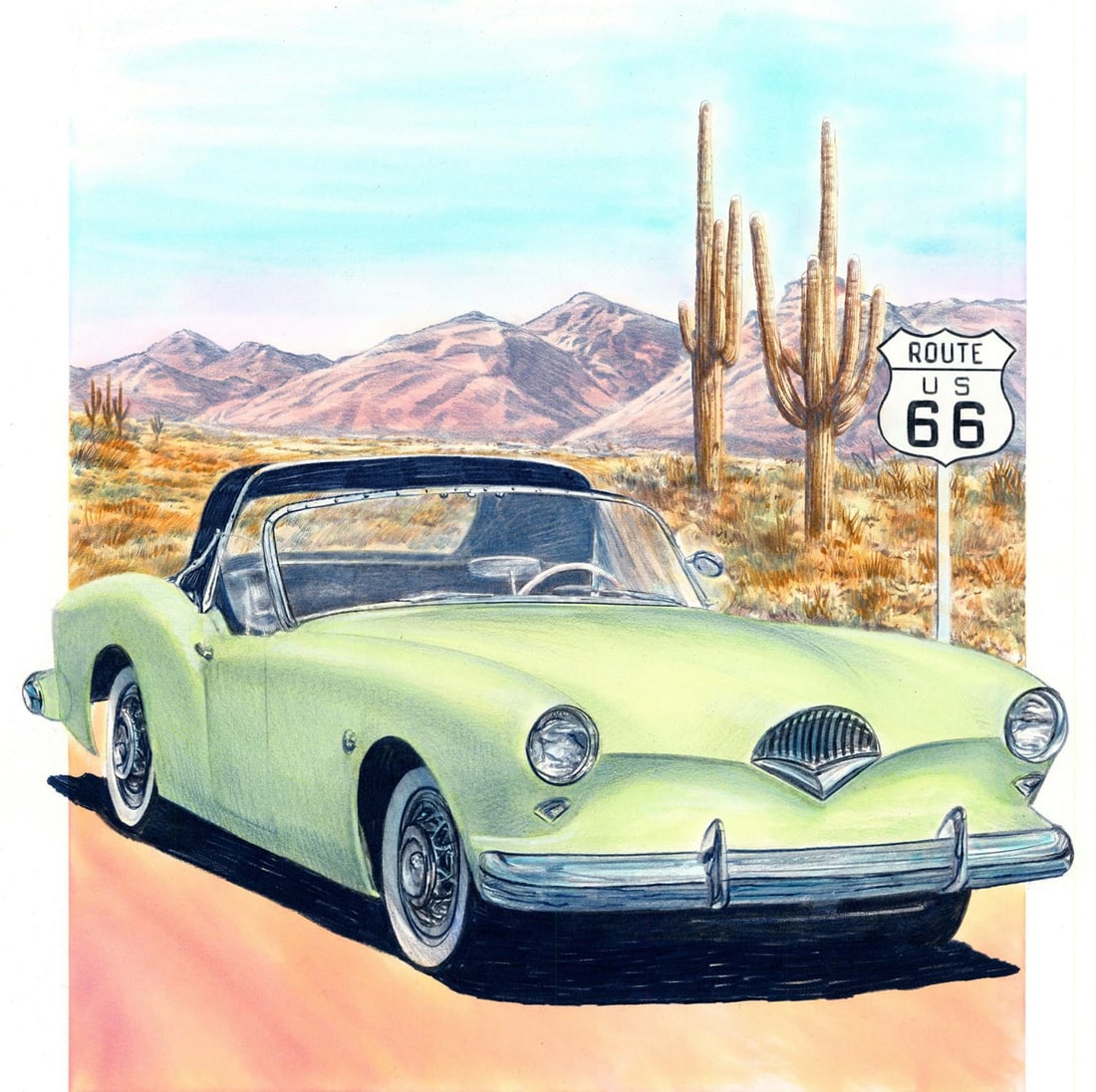 Paul Calle (CT,NY,1928-2010) colored pencil painting: ARTIST: Paul Calle (Connecticut, New York, 1928 - 2010) & Chris Calle (Connecticut, born 1961) TITLE: Kaiser Darrin Car, 1954 (titled on verso) YEAR: 2005 MEDIUM: colored pe