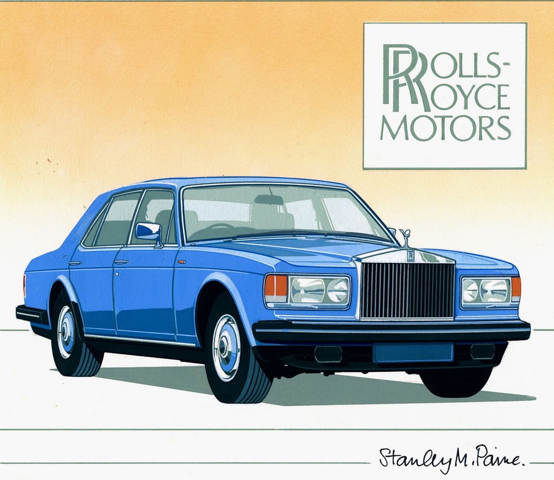 Stanley Paine (UK,1934-?) gouache painting: ARTIST: Stanley M Paine (United Kingdom, 1934 - ???) TITLE: Rolls Royce Car Silver Spirit (titled on verso) YEAR: 1982 MEDIUM: gouache on board CONDITION: