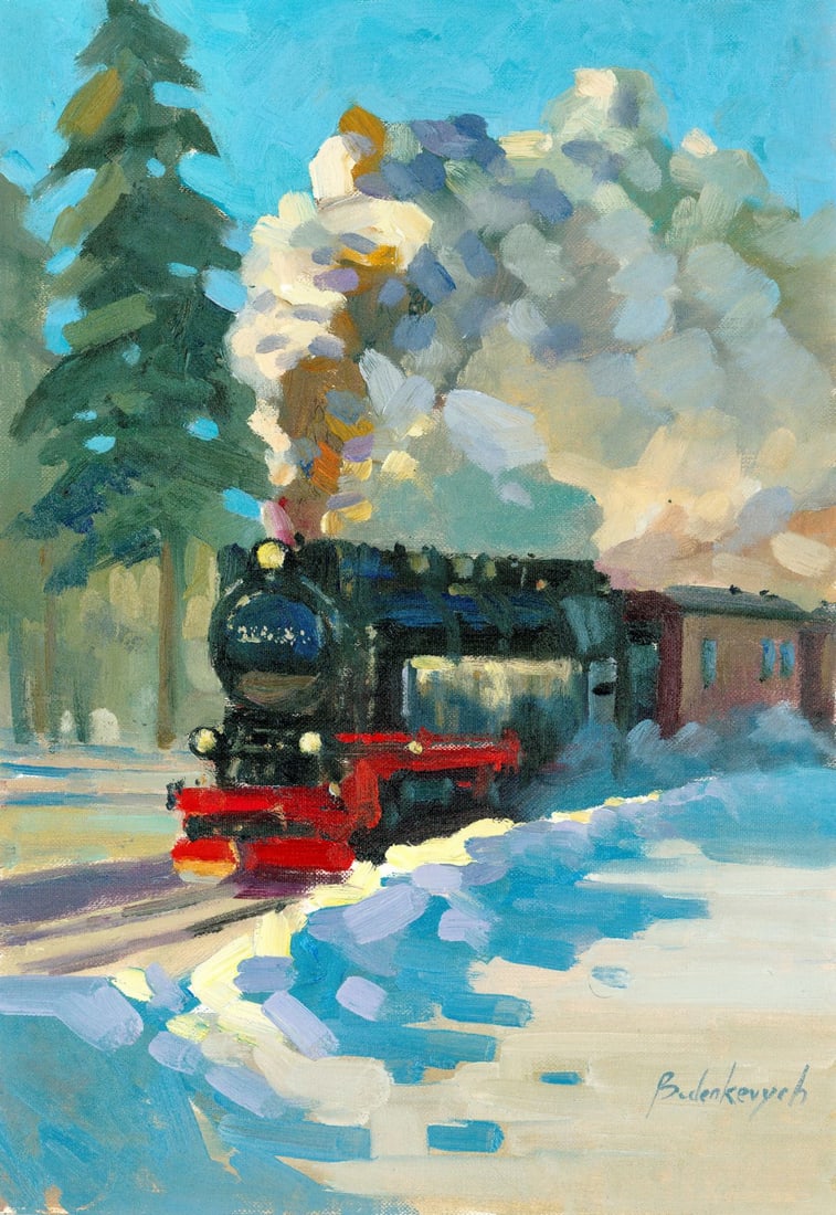 Volodymyr Budenkevych (Ukraine,20/21C) oil painting: ARTIST: Volodymyr Budenkevych (Ukraine, 20/21 centuries) TITLE: Steam Train in Winter MEDIUM: oil on heavy paper CONDITION: Very good. No visible inpaint under UV light.