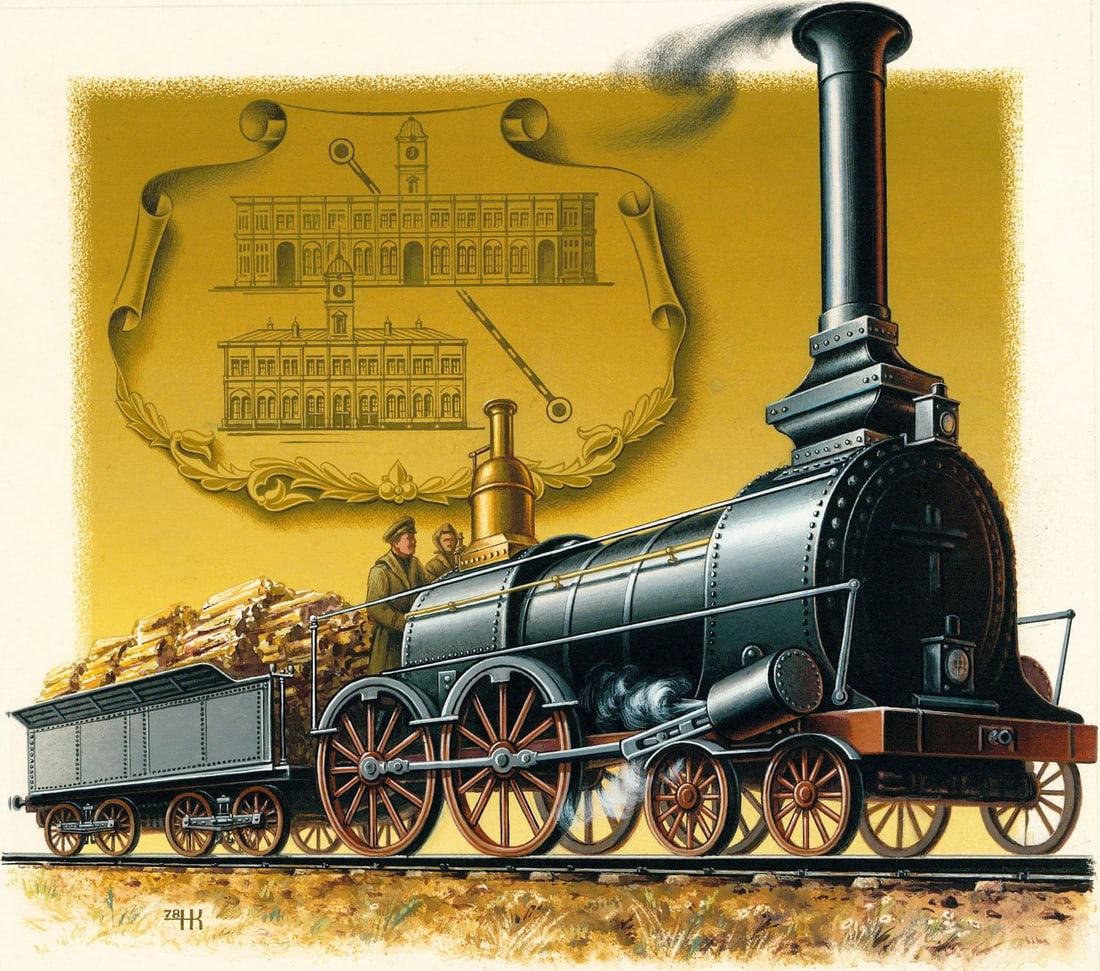 N Kolesnikov (Russia,20C) gouache painting: ARTIST: N Kolesnikov (Russian, 20 century) TITLE: First St Petersburg - Moscow Locomotive Train YEAR: 1978 MEDIUM: gouache on board CONDITION: Some damag