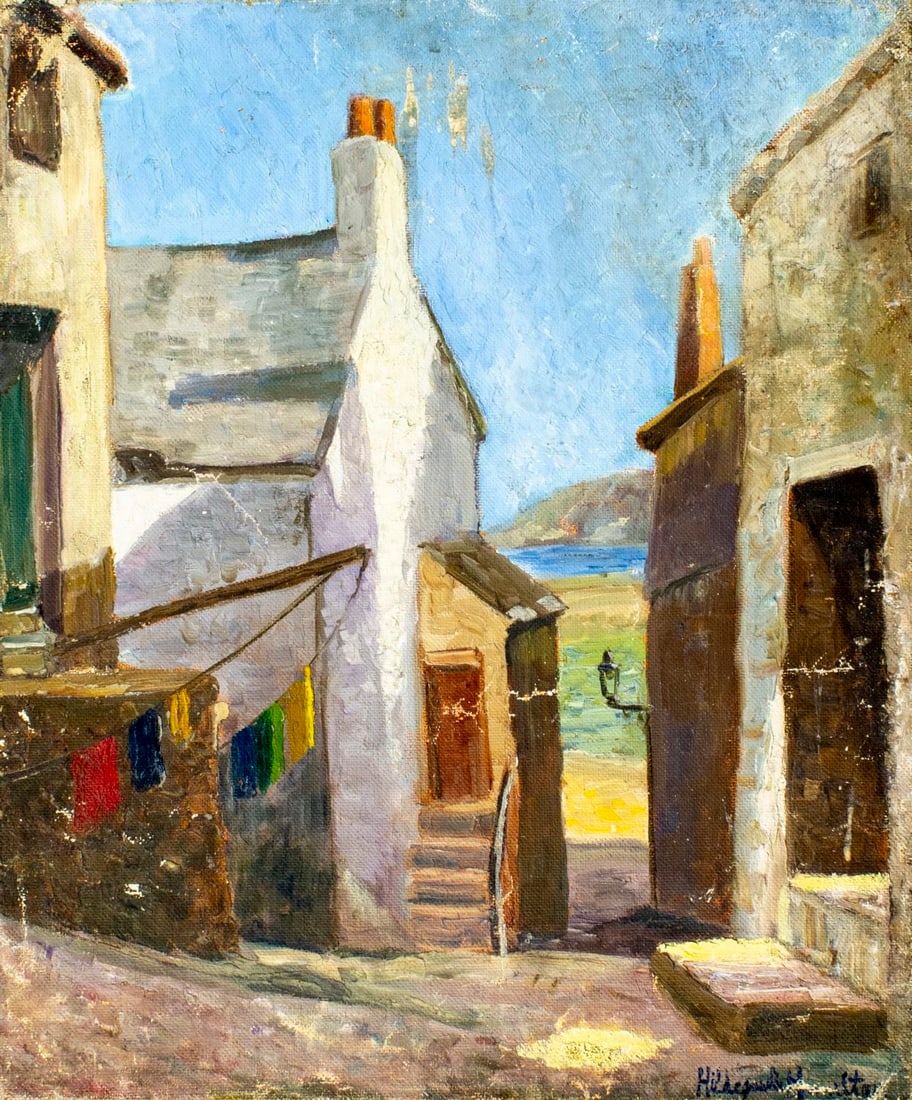 Hildegarde Hamilton (FL,VA,1898-1970) oil painting: ARTIST: Hildegarde Hume Hamilton (Florida, Virginia, 1898 - 1970) TITLE: Town Scene MEDIUM: oil on canvas CONDITION: Unstretched (In-House stretching available) (In-House