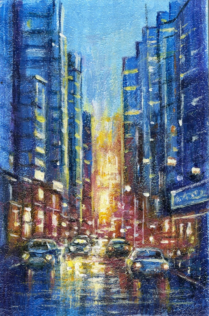 Vladimir Fenot (Ukraine,b 1970) oil painting: ARTIST: Vladimir Mikhailovich Fenot (Ukraine, born 1970) TITLE: Evening Cityscape MEDIUM: oil on board CONDITION: Very good. No visible inpaint under UV light. AR