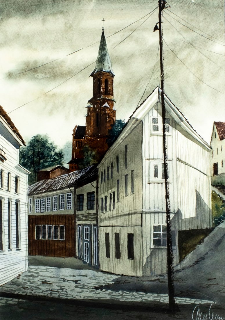 Vintage 20C Norwegian watercolor painting: ARTIST: - (Norway, 20 century) TITLE: Cityscape MEDIUM: watercolor on paper CONDITION: Very good. Framed under glass. ART SIZE: 14 x 10 inches / 35 x 2