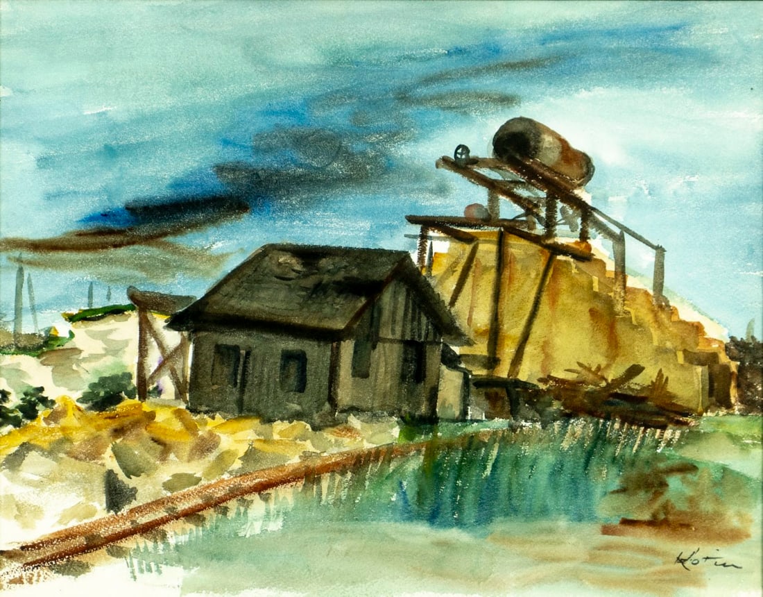 Albert Kotin (NY,1907-1980) watercolor painting: ARTIST: Albert Kotin (New York, 1907 - 1980) TITLE: Industrial Landscape MEDIUM: watercolor on paper CONDITION: Overall good. Framed under glass. Wear to frame. A