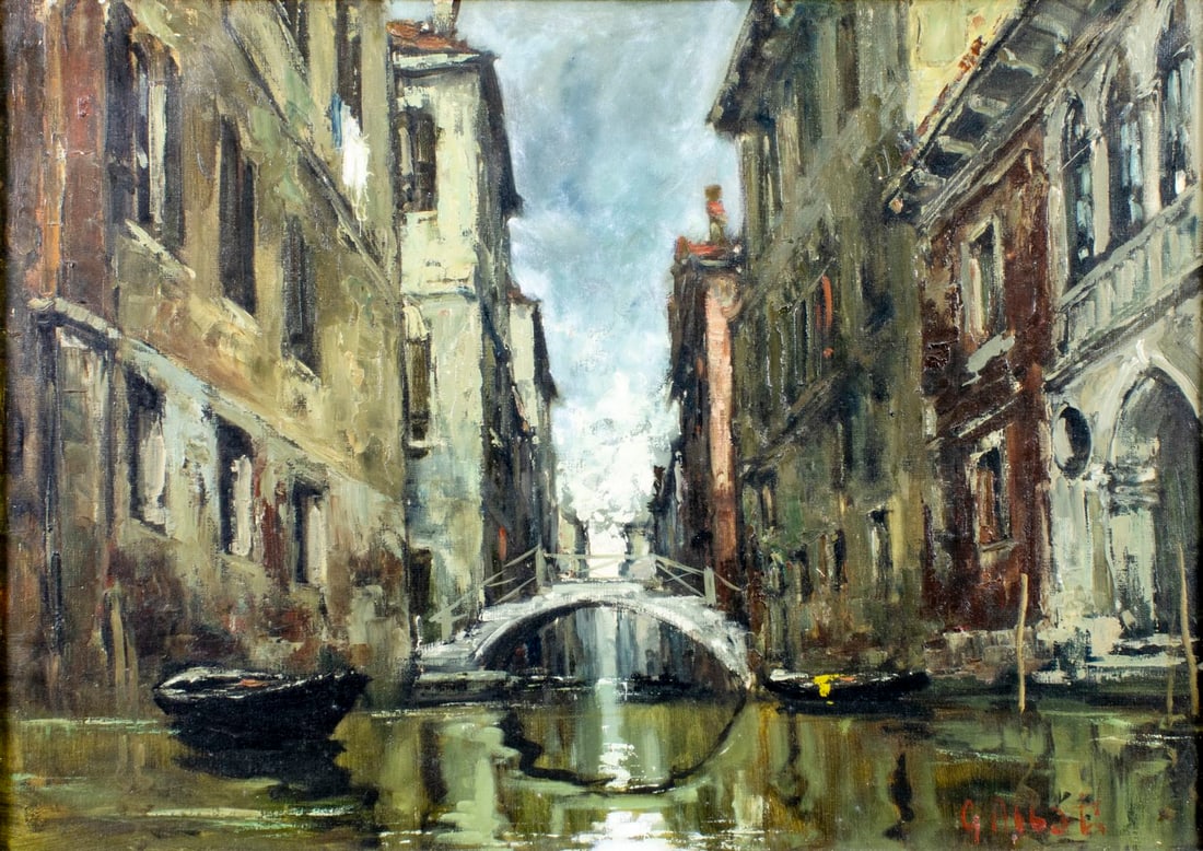 G Abbati (Italy,20C) oil painting: ARTIST: G Abbati (Italian, 20 century) TITLE: Venice Canal Cityscape, Italy MEDIUM: oil on canvas CONDITION: Minor paint losses. Some craquelure. No visible inpaint under UV