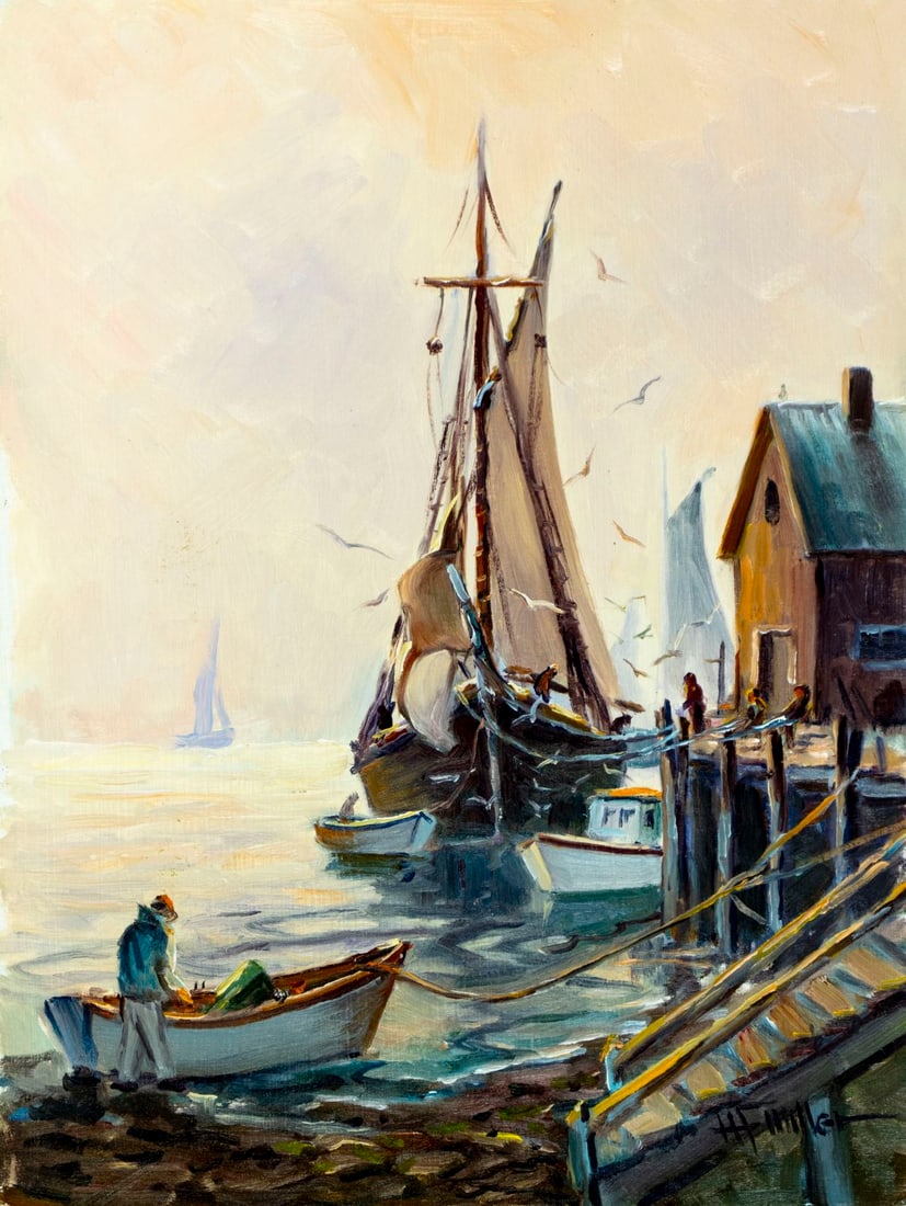 Herman F Miller (US,20C) oil painting: ARTIST: Herman F Miller (American, 20 century) TITLE: Harbor Scene with Sailboats MEDIUM: oil on canvas board CONDITION: Overall good. No visible inpaint under UV light. Nor