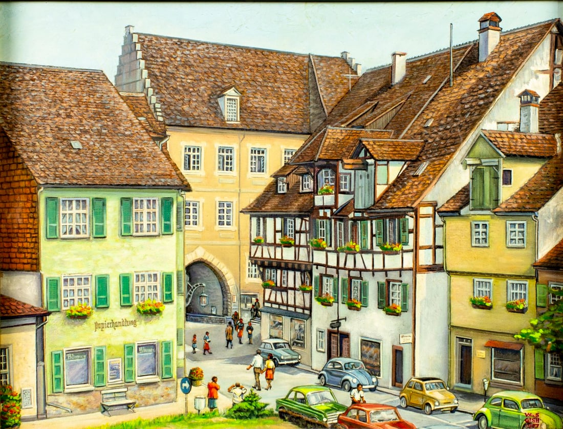 William S Gisch (OH,1906-1989) oil painting: ARTIST: William S Gisch (Ohio, 1906 - 1989) TITLE: German Cityscape YEAR: 1977 MEDIUM: oil on canvas. Canvas applied to board. CONDITION: Overall good.
