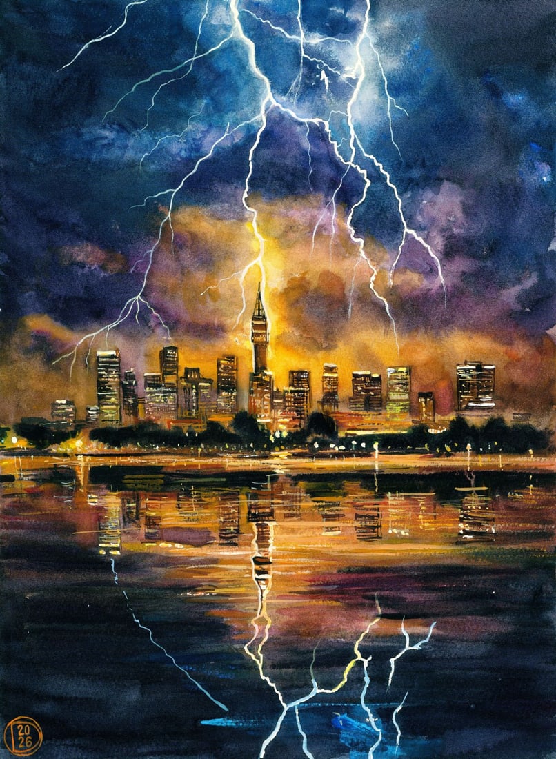 Olena Didenko (Ukraine,20/21C) watercolor painting: ARTIST: Olena Didenko (Ukrainian, 20/21 centuries) TITLE: Thunderstorm over New York (titled on verso) MEDIUM: watercolor on heavy paper CONDITION: Very good. ART