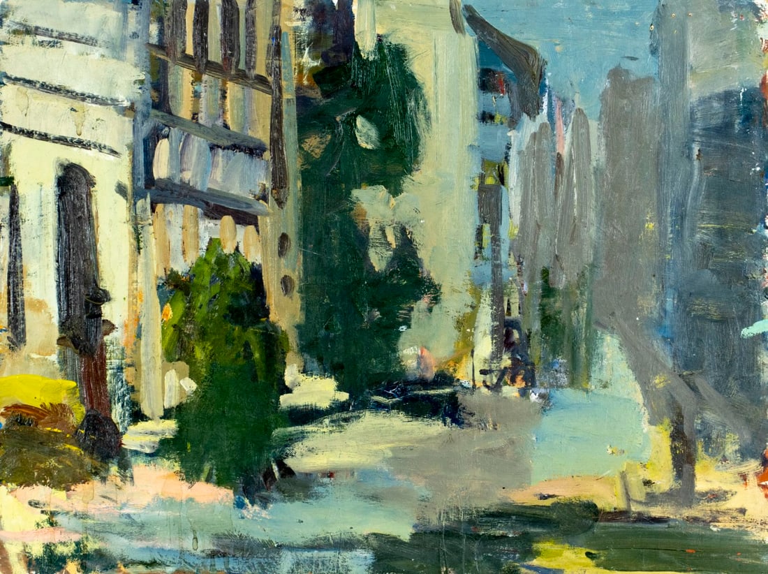 Vintage mid 20C oil painting: ARTIST: - (mid 20 century) TITLE: Cityscape MEDIUM: oil on board CONDITION: Four nail holes along the upper edge. Few minor paint losses. No visible inpaint under UV light