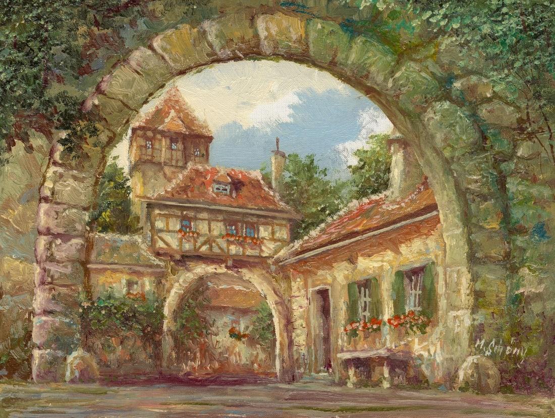 M Schony (German,1913-?) oil painting: ARTIST: M Schony (Germany, 1913 - ???) TITLE: Rothenburg Cityscape, Germany MEDIUM: oil on canvas CONDITION: VUnstretched (In-House stretching available) (In-House stretch