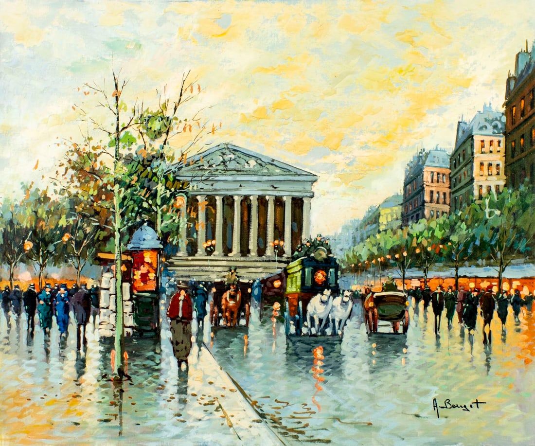 A Bouget (France,20C) oil painting: ARTIST: A Bouget (French, 20 century) TITLE: Paris Cityscape MEDIUM: oil on canvas CONDITION: Unstretched (In-House stretching available) (In-House stretching available). Ov