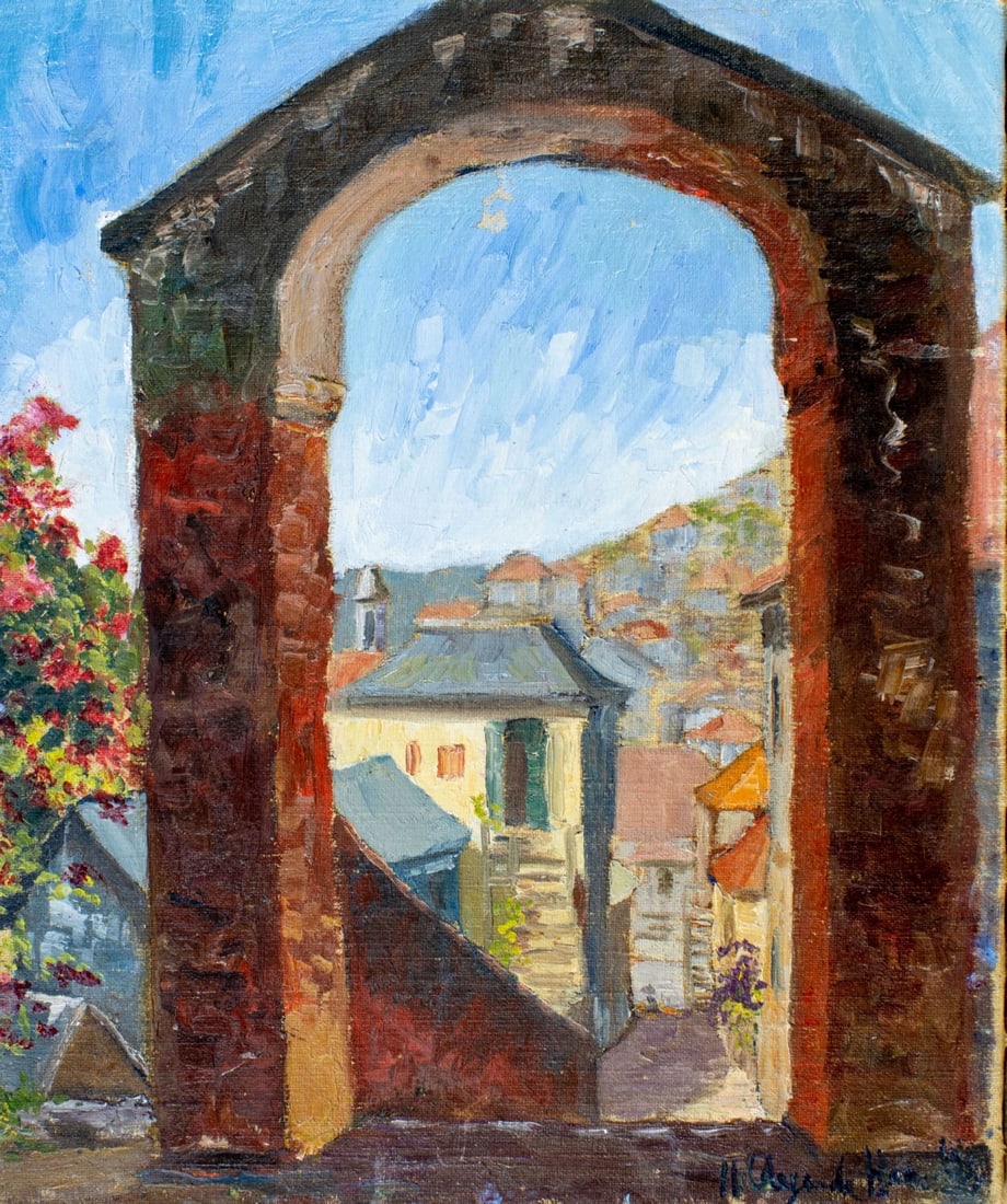 Hildegarde Hamilton (FL,VA,1898-1970) oil painting: ARTIST: Hildegarde Hume Hamilton (Florida, Virginia, 1898 - 1970) TITLE: Cityscape MEDIUM: oil on canvas CONDITION: Some paint losses. Very minor craquelure. No visible i