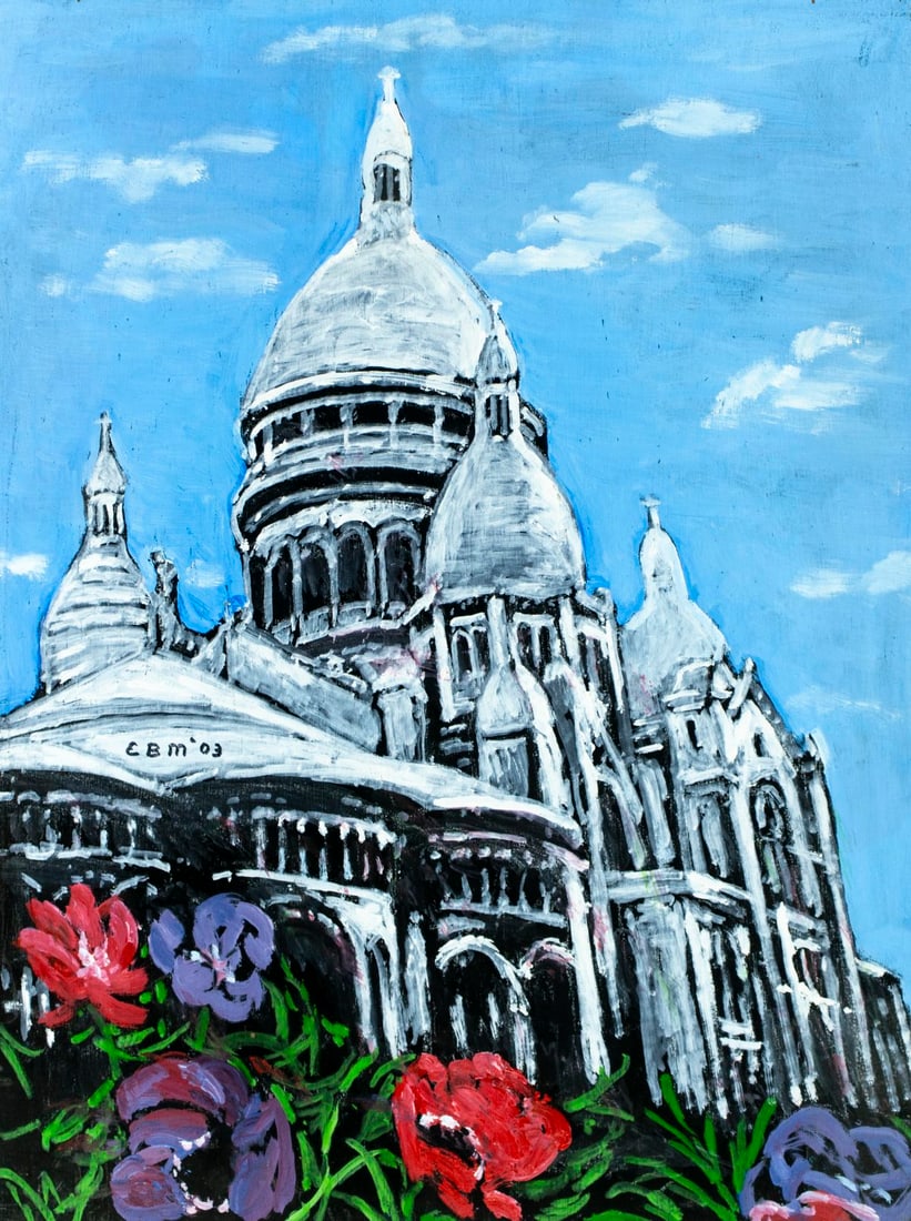 Evelyn Metzger (NY,Brazil,1911-2007) oil painting: ARTIST: Evelyn Borchard Metzger (New York, Brazilian, 1911-2007) TITLE: Cityscape - Sacre Coeur, Paris, France (titled on verso) YEAR: 2003 MEDIUM: oil on board C