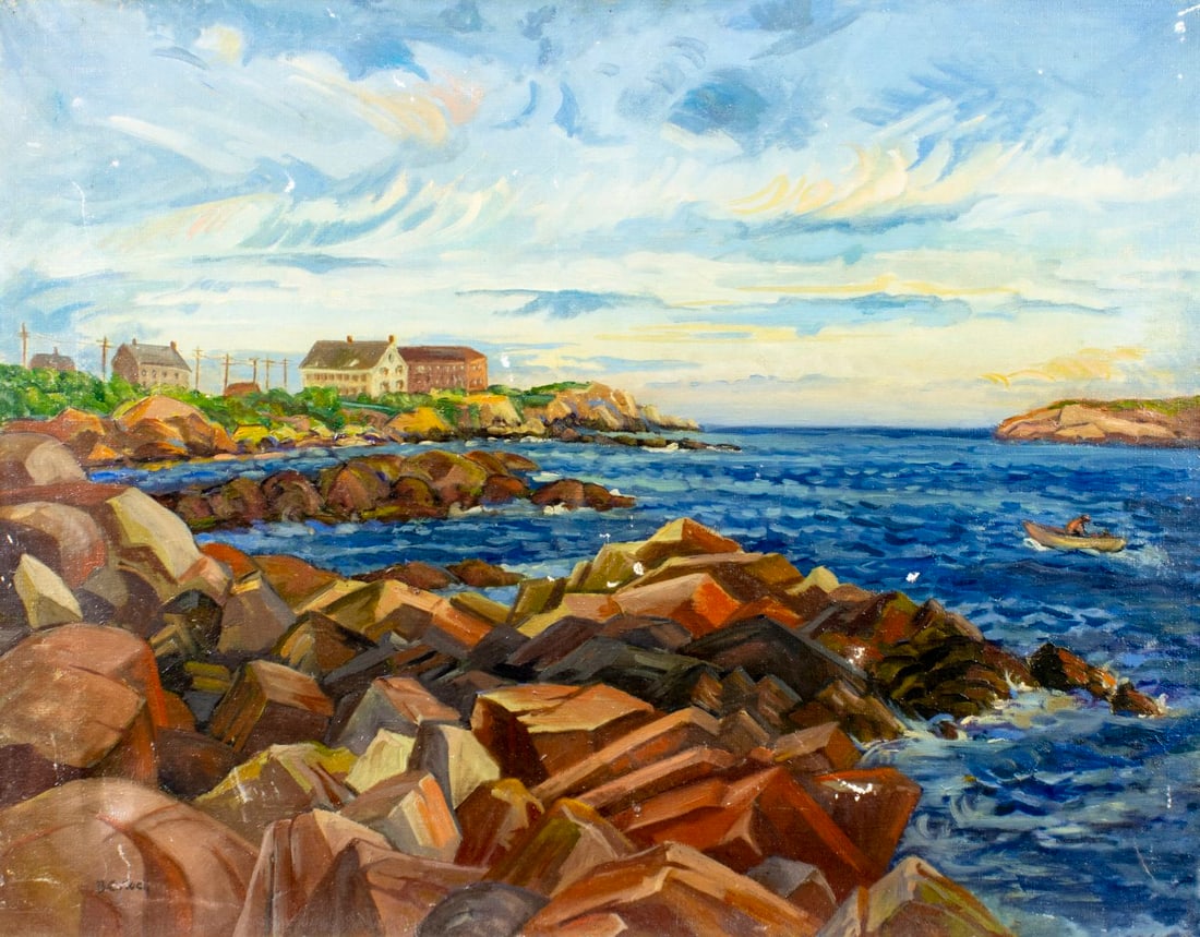 Berthe Koch (NE,MN,OH,1892-1975) oil painting: ARTIST: Berthe Couch Koch (Nebraska, Minnesota, Ohio, 1892 - 1975) TITLE: Rockport Coastal Cityscape, MA MEDIUM: oil on canvas CONDITION: Few patches. Few nail holes along