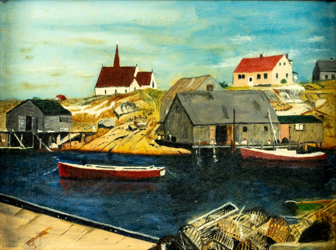 Vintage mid 20C Canadian oil painting signed: ARTIST: - (Canada, mid 20 century) TITLE: Harbor Scene, Peggy's Cove, Nova Scotia YEAR: 1954 MEDIUM: oil on canvas board CONDITION: Overall good. No vi