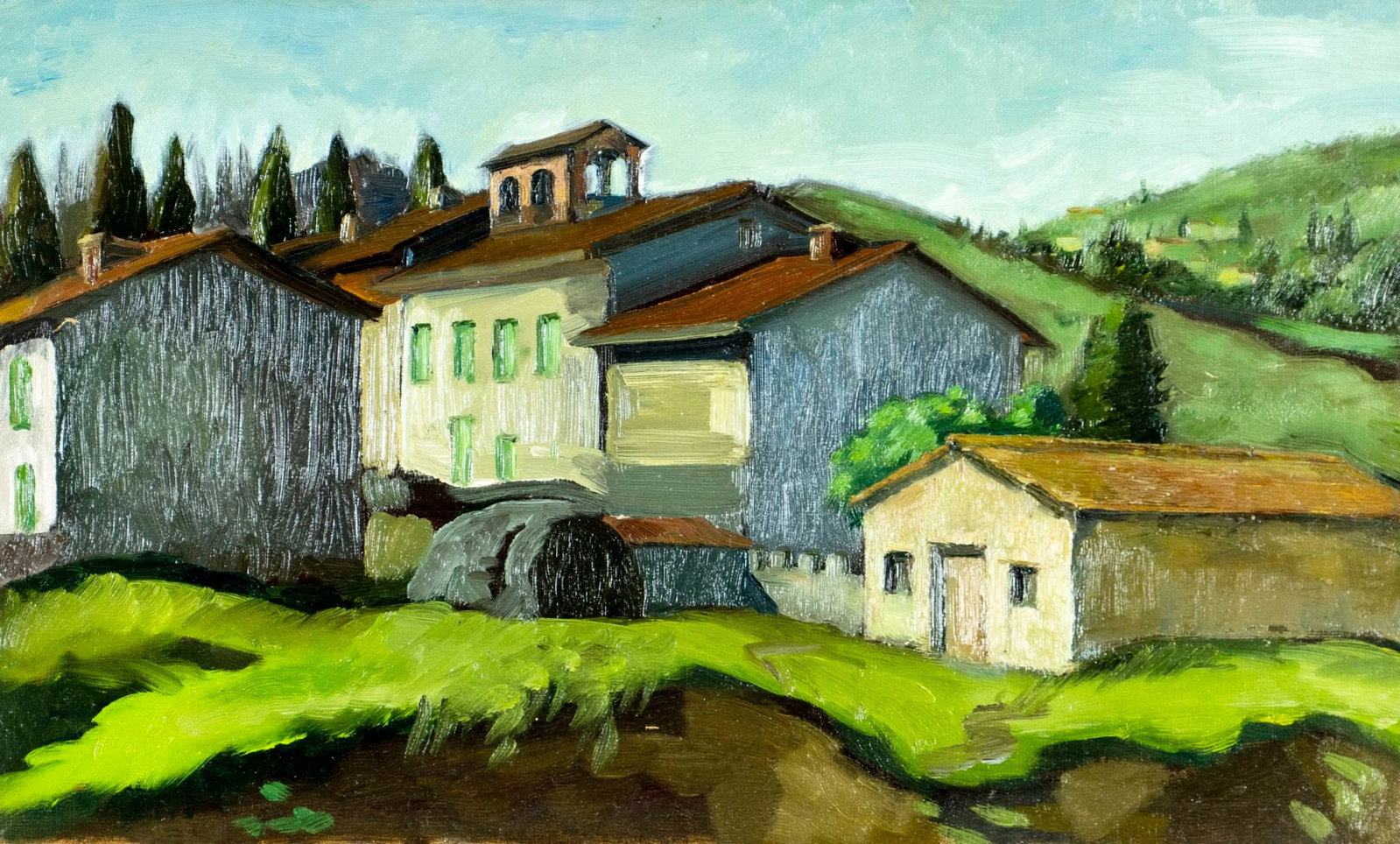 Victoria Donohoe (PA,1929-2018) oil painting: ARTIST: Victoria Donohoe (Pennsylvania, 1929 - 2018) TITLE: Town Landscape MEDIUM: oil on canvas CONDITION: Few minor scratches/paint losses. No visible inpaint under UV l