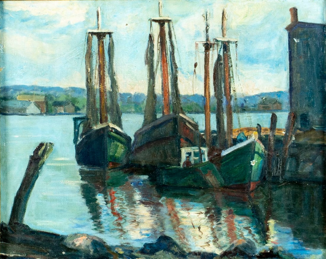 Vintage 20C American oil painting: ARTIST: - (American, 20 century) TITLE: Harbor Scene MEDIUM: oil on canvas CONDITION: Three small patches. Some scratches/paint losses. Minor craquelure. No visible inpain