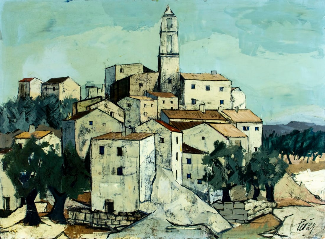 Charles Levier (French,NY,CA,1920-2003) oil painting: ARTIST: Charles Lever (France, New York, California, 1920 - 2003) TITLE: Village Corse (titled on verso) MEDIUM: oil on canvas CONDITION: Few small paint losses. Minor cra