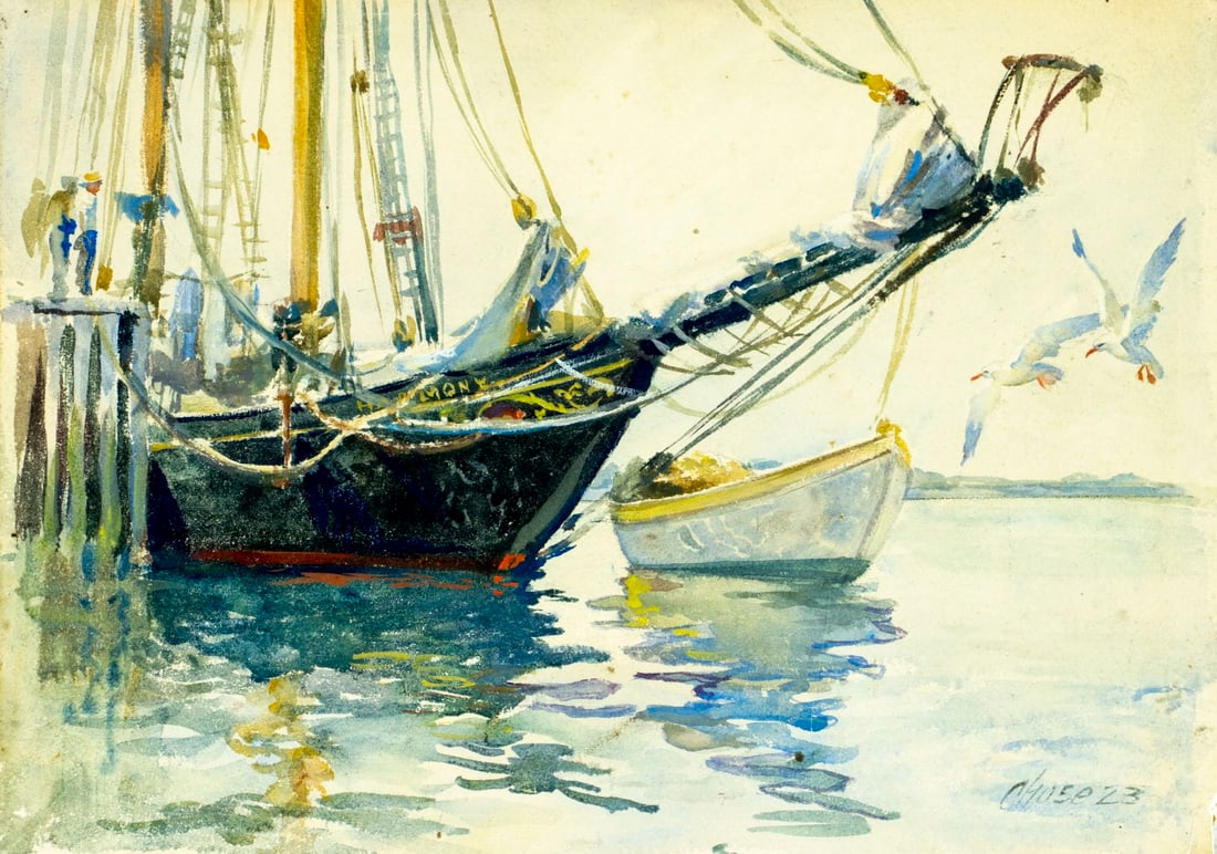 Nelson Chase (US,early 20C) watercolor painting antique: ARTIST: Nelson Chase (American, early 20 century) TITLE: Dock Scene YEAR: 1923 MEDIUM: watercolor on paper. Paper applied to board. CONDITION: Few pinhol