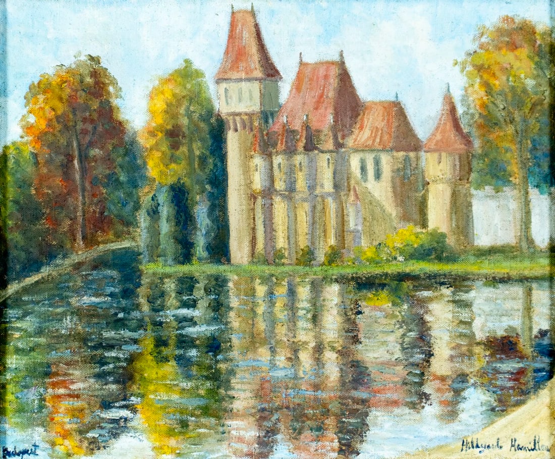 Hildegarde Hamilton (FL,VA,1898-1970) oil painting: ARTIST: Hildegarde Hume Hamilton (Florida, Virginia, 1898 - 1970) TITLE: Castle Landscape, Budapest, Hungary MEDIUM: oil on canvas CONDITION: Few minor paint losses. Very