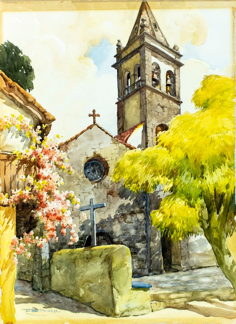 Antique early 20C Spanish watercolor painting signed: ARTIST: - (Spain, early 20 century) TITLE: Cathedral Cityscape, Tenerife, Spain MEDIUM: watercolor on paper CONDITION: Some age toning. Normal wear along edges.