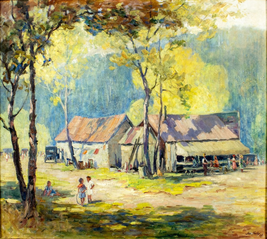 Jesse Hobby (IL,1871-1938) oil painting antique: ARTIST: Jesse Carl Hobby (Illinois, 1871 - 1938) TITLE: Village Scene YEAR: 1934 MEDIUM: oil on canvas CONDITION: One small patch. Some paint losses mo