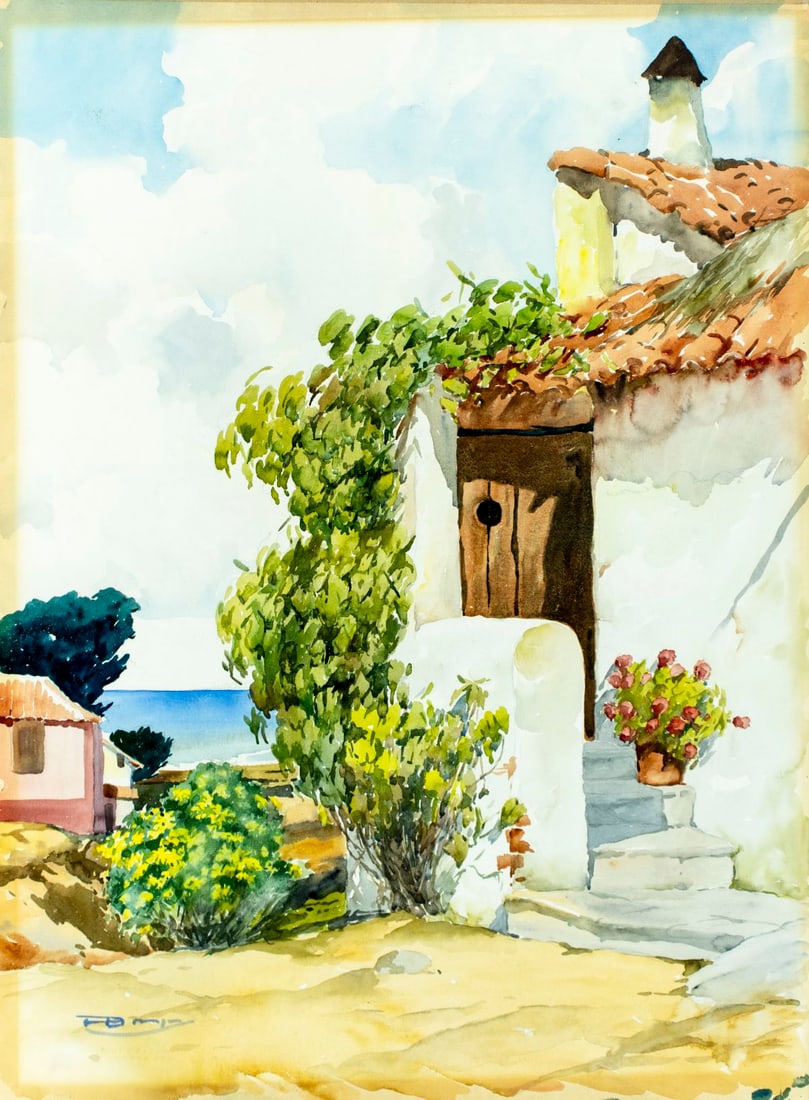 Antique early 20C Spanish watercolor painting signed (1 of 12)
